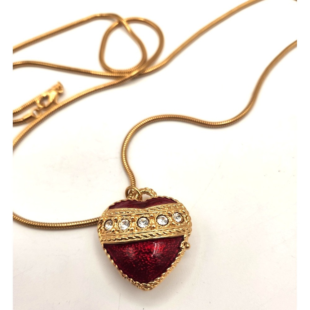 Mike & Ally Gold Tone Red Enamel & Rhinestone Heart Locket On Original 34" Chain